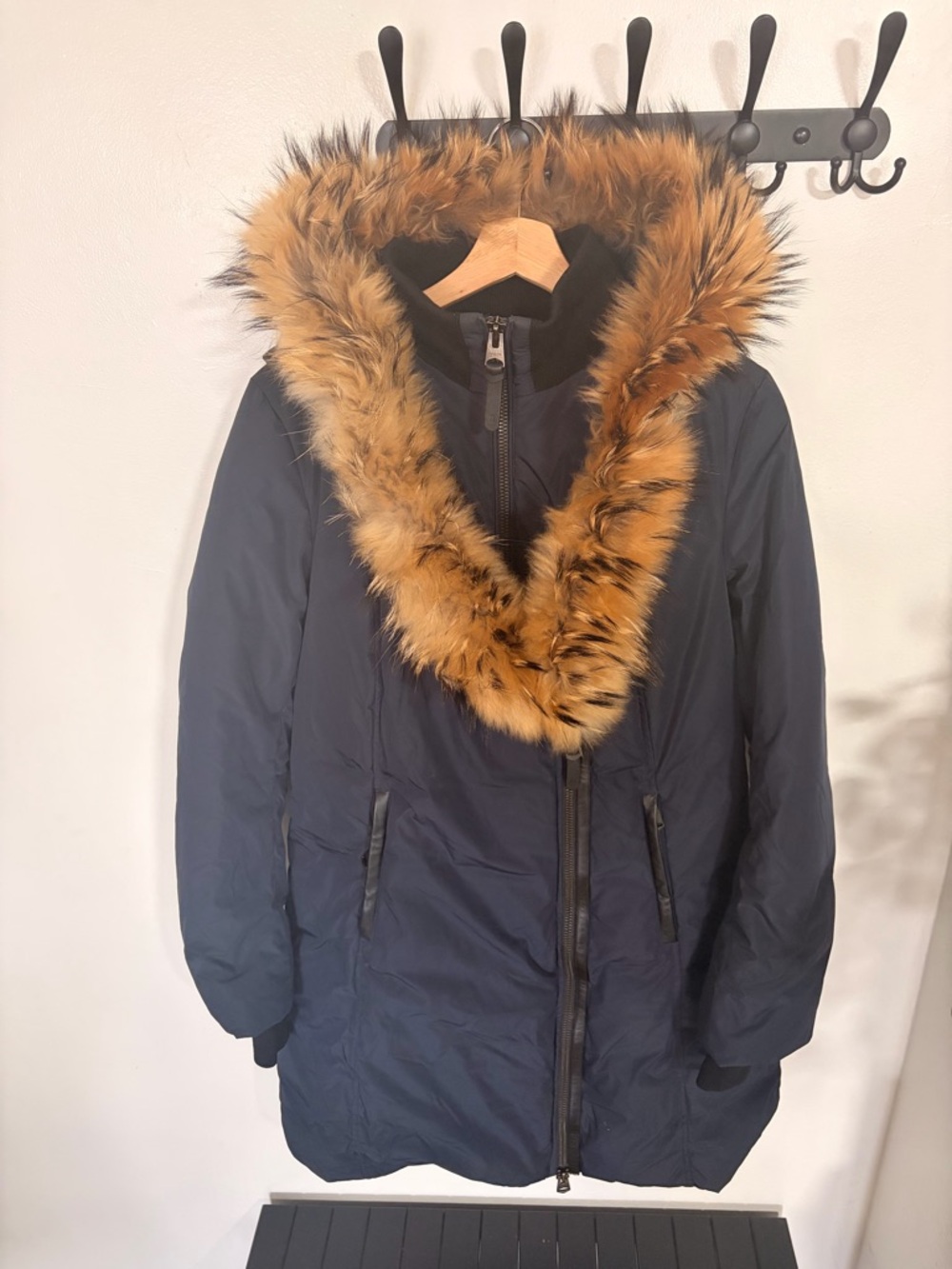 Mackage Navy Puffer Coat with Tan Faux Fur Trim